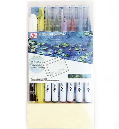 Kuretake Historic Art Collection Watercolour Kit - Monet featuring ZIG Clean Color Real Brush markers and water brush.