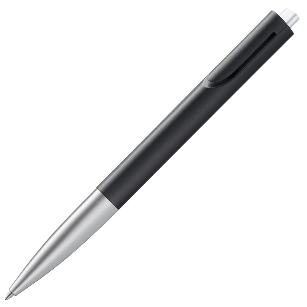 LAMY noto Ballpoint Pen in black with silver accents, featuring a minimalist design and triangular-to-round body profile.