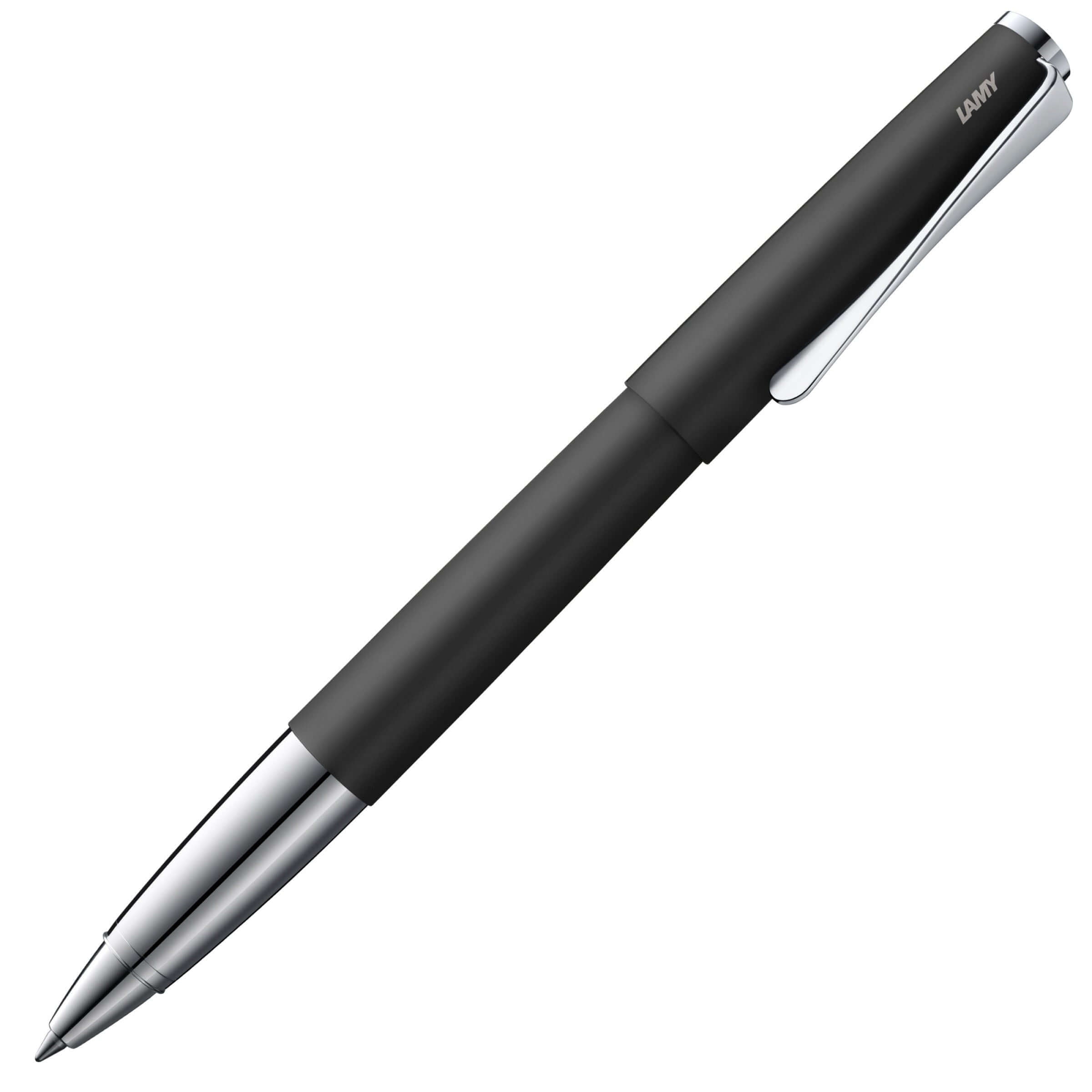 LAMY studio Rollerball Pen - Black with sleek design and propeller clip, shown in black lacquer finish.