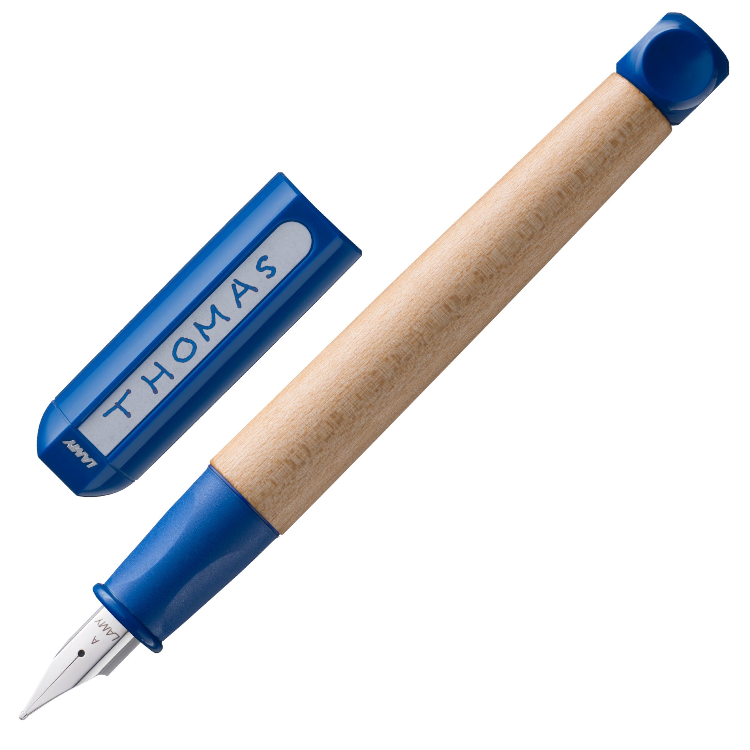 LAMY abc Fountain Pen with blue cap and maple wood grip, designed for children learning to write.