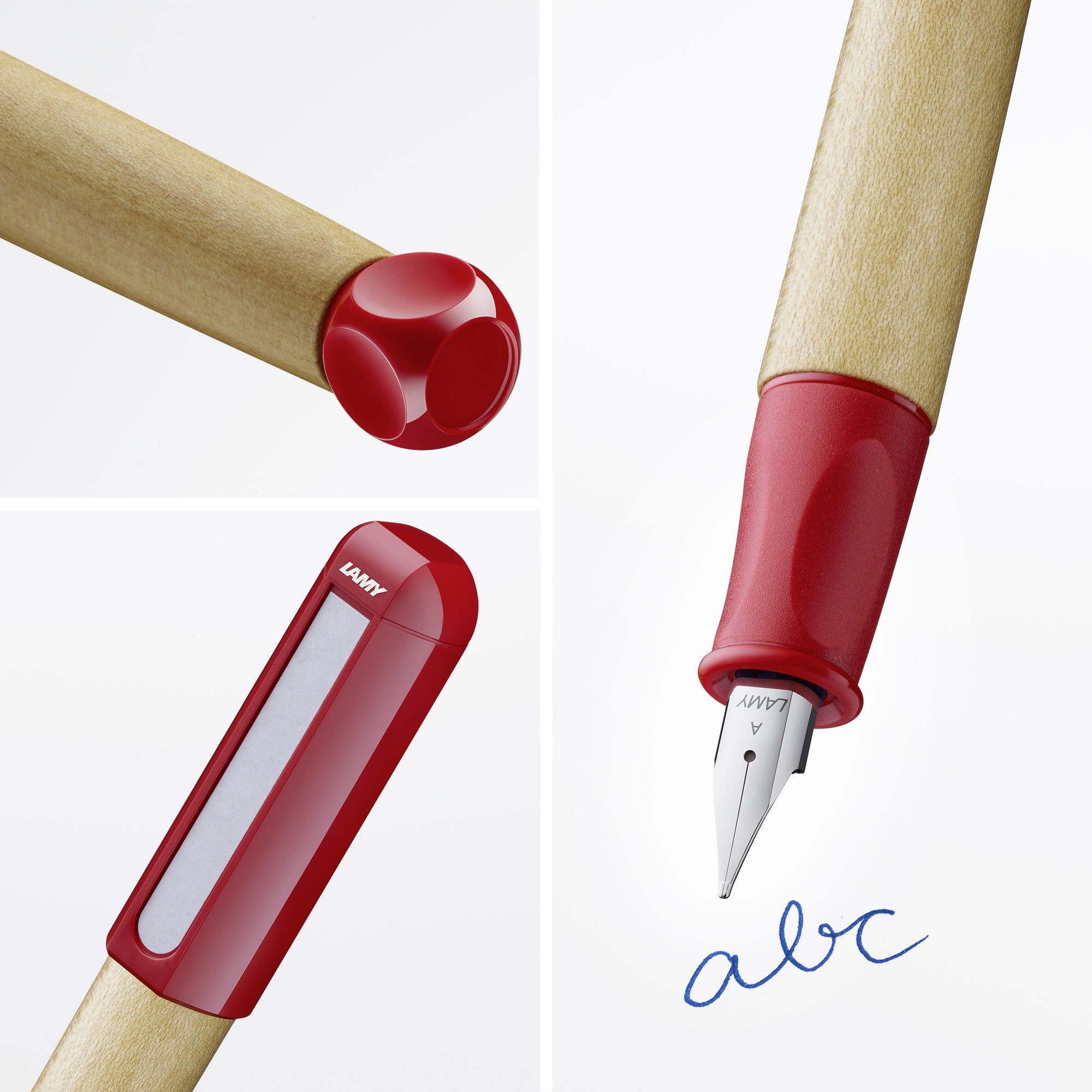 LAMY abc Fountain Pen showing red cap, maple wood grip, and A-size nib with children's writing guidance.