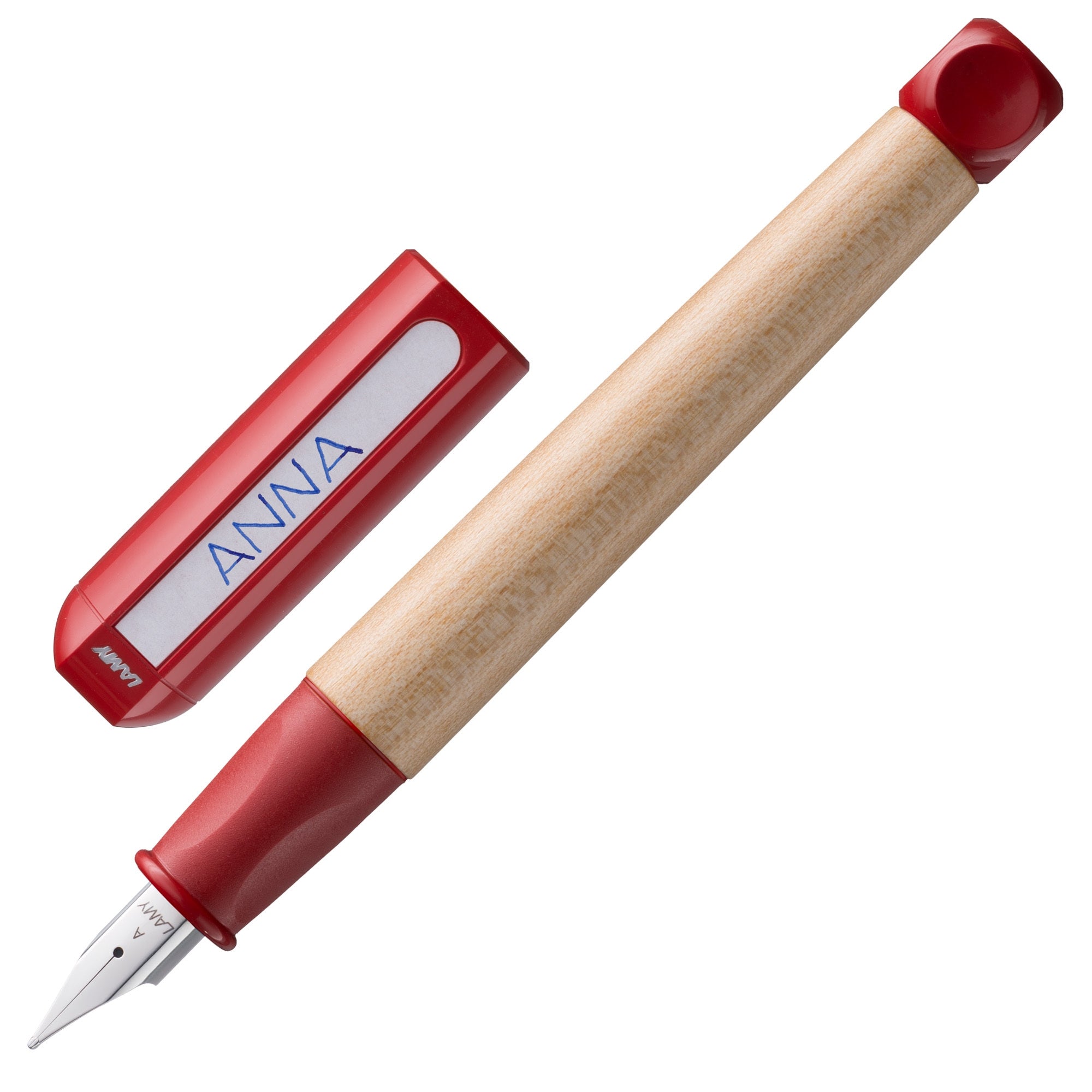 LAMY abc Fountain Pen in red with maple wood grip and cap, designed for children's writing.