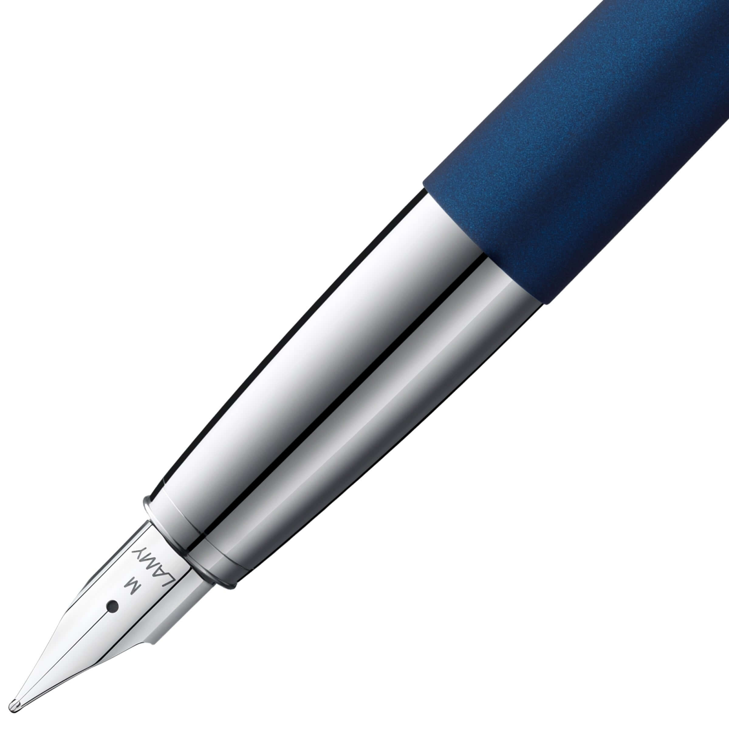 LAMY studio Fountain Pen - Imperial Blue nib and polished chrome fittings close-up.