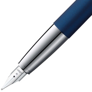 LAMY studio Fountain Pen - Imperial Blue nib and polished chrome fittings close-up.