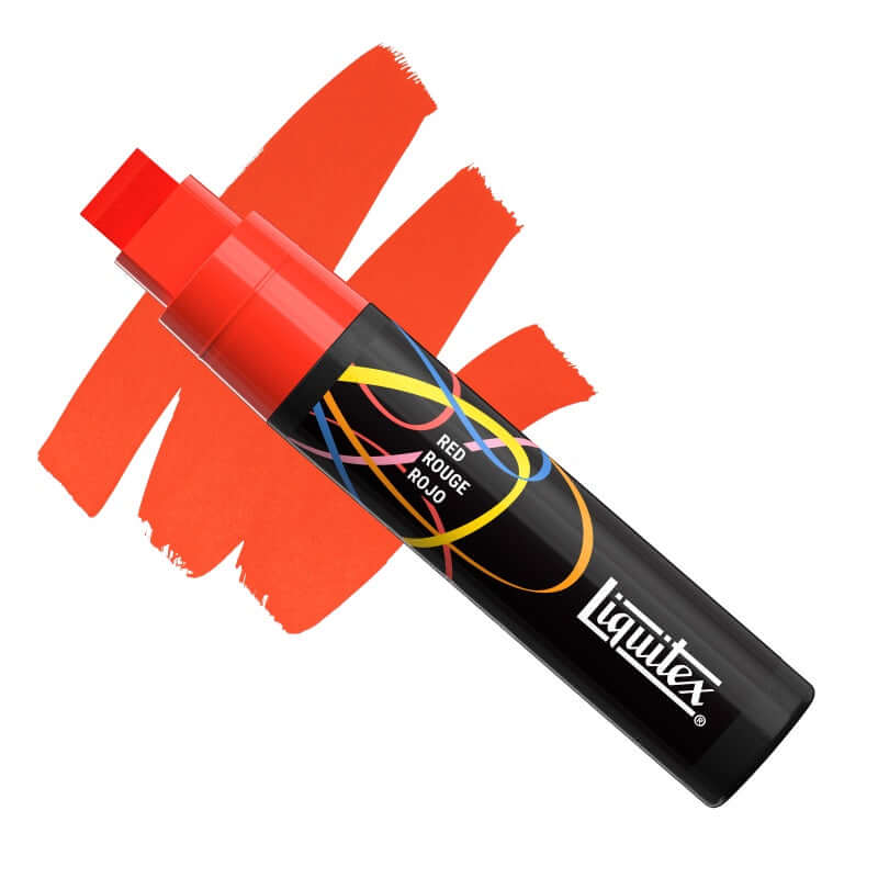 Liquitex 15mm acrylic marker for large surfaces in vibrant red color with a bold red paint stroke.