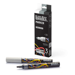 Liquitex monochrome acrylic markers set of 3 packaging with two markers laid out, showcasing 2mm nib and color options.