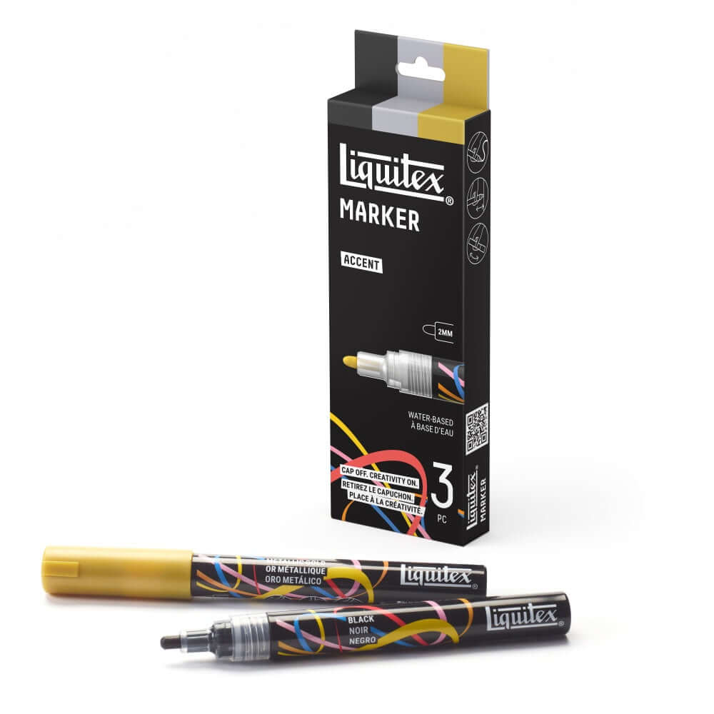 Liquitex acrylic markers set of 3 with packaging and two markers displayed, ideal for vibrant artwork and lettering.