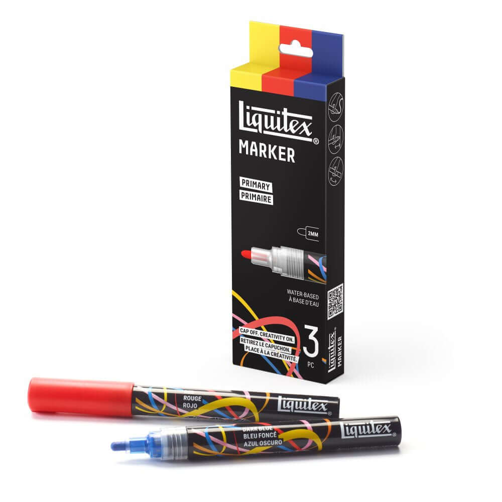 Liquitex acrylic markers set packaging with two markers displayed, showcasing primary colors, 2mm nib.