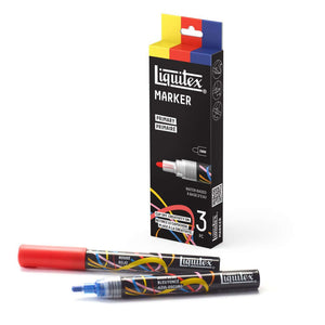 Liquitex acrylic markers set packaging with two markers displayed, showcasing primary colors, 2mm nib.