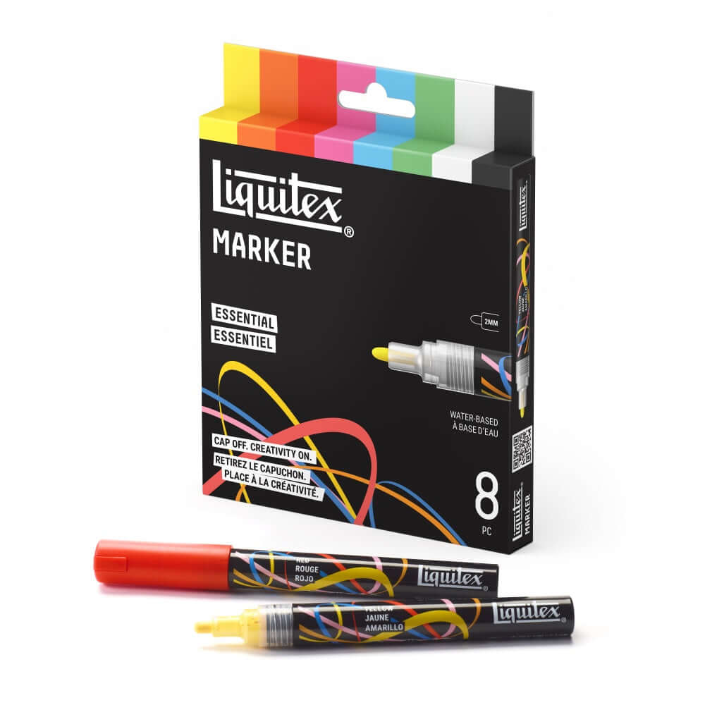 Liquitex acrylic markers set displayed with a box containing 8 vibrant 2mm markers in essential colors.