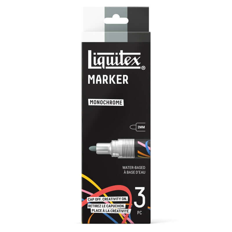 Liquitex monochrome acrylic markers packaging with 2mm nib, ideal for fine detail work.