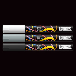 Liquitex monochrome acrylic markers set of 3 including white, gray, and black for versatile artistic applications.