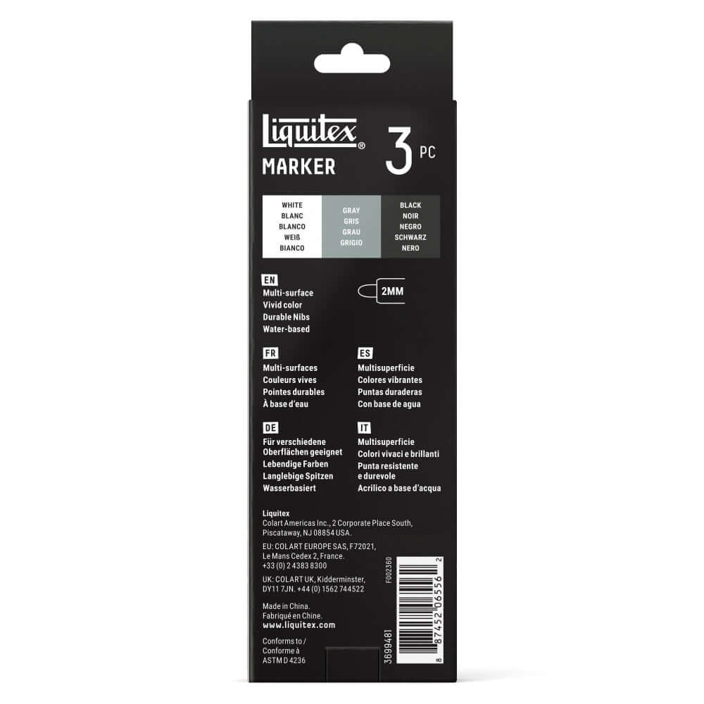 Liquitex monochrome acrylic markers set of 3, featuring white, gray, and black 2mm nibs.