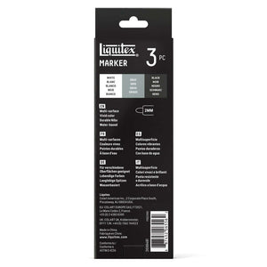 Liquitex monochrome acrylic markers set of 3, featuring white, gray, and black 2mm nibs.