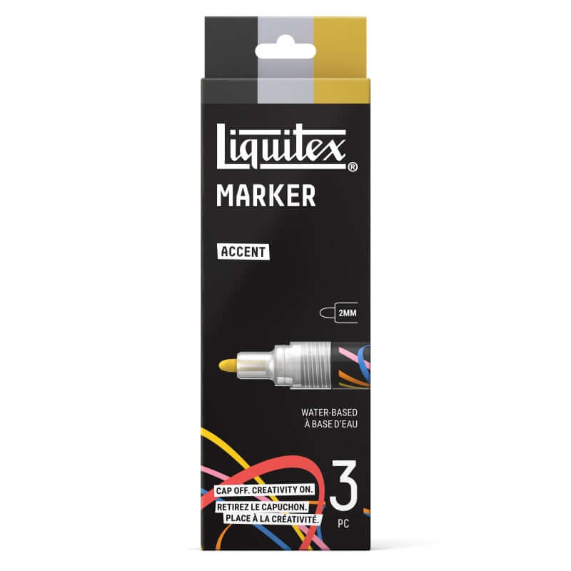 Liquitex acrylic markers set of 3 packaging featuring 2mm nib and water-based ink for creative projects.