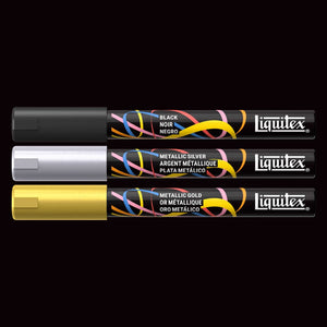 Liquitex acrylic markers set of 3 including black, metallic silver, and metallic gold markers.