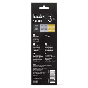 Liquitex acrylic markers set of 3 package back showing colors and specifications on a black background.