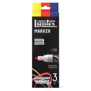 Liquitex acrylic markers set packaging featuring 3 primary color 2mm markers, water-based ink for creative projects.