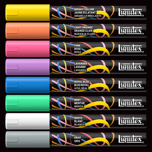 Liquitex acrylic markers set featuring 8 colors including bright yellow and royal blue, showcasing fine 2mm tips.