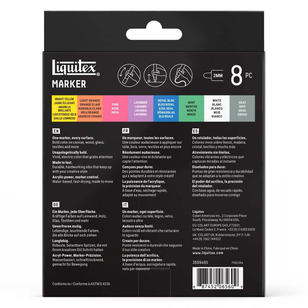 Liquitex acrylic markers set packaging showing 2mm markers and color options for illustration and journaling.