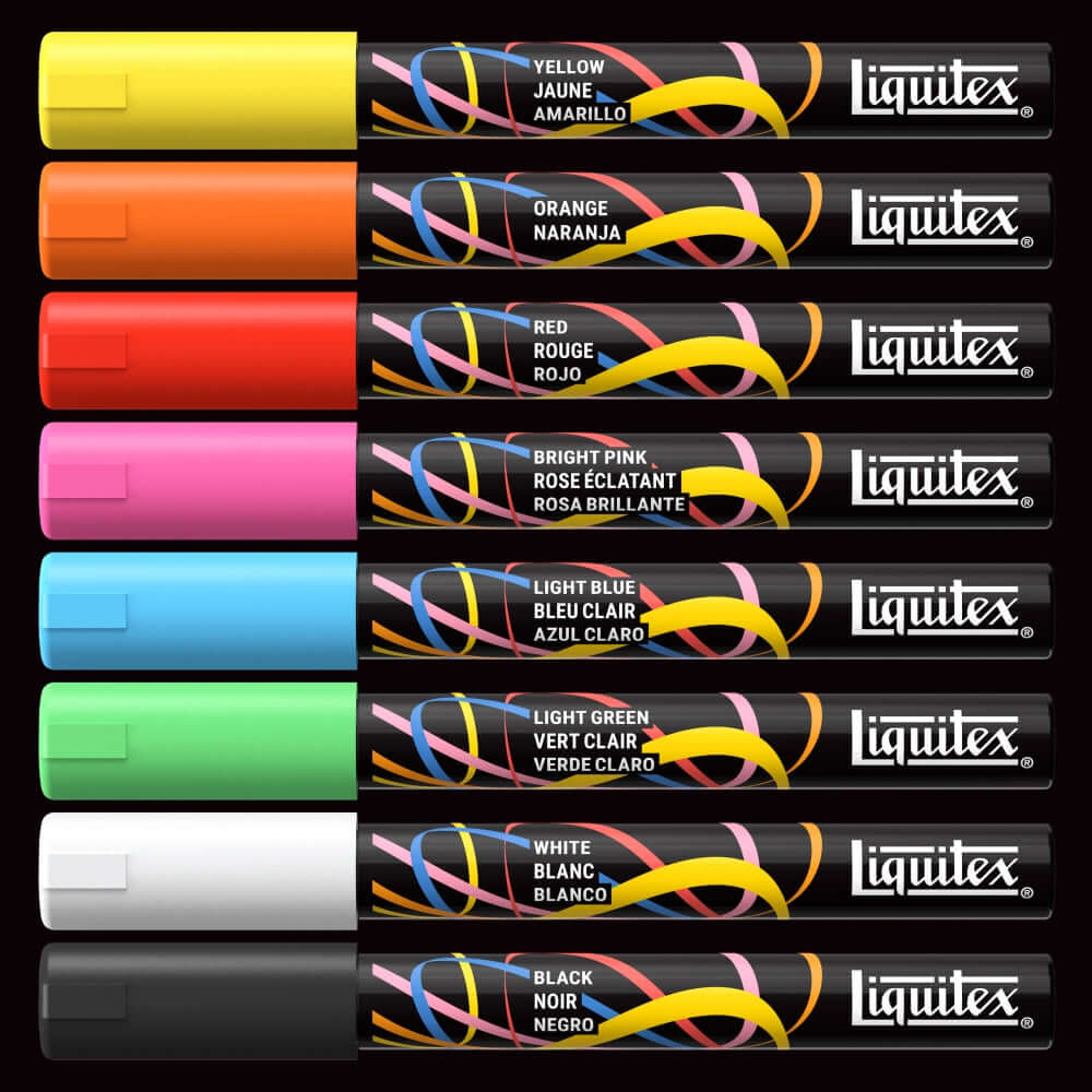 Liquitex acrylic markers set featuring eight vibrant colors: yellow, orange, red, bright pink, light blue, light green, white, and black.