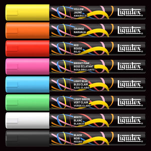Liquitex acrylic markers set featuring eight vibrant colors: yellow, orange, red, bright pink, light blue, light green, white, and black.