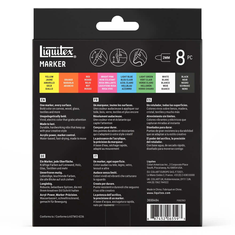Liquitex acrylic markers set showing back packaging with color options and details of 8 markers.