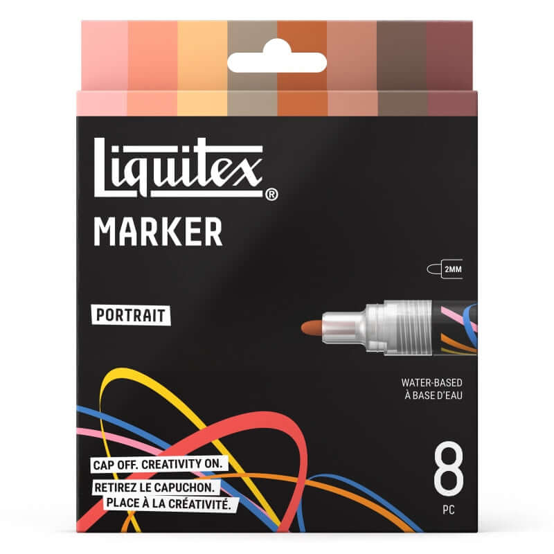 Liquitex acrylic markers set packaging featuring 2mm nib, 8 water-based markers in portrait colors.