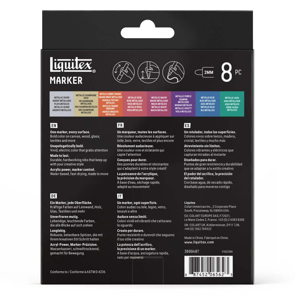 Liquitex Acrylic Markers 2mm — Set of 8 Metallic, ideal for illustration with a metallic acrylic markers set.