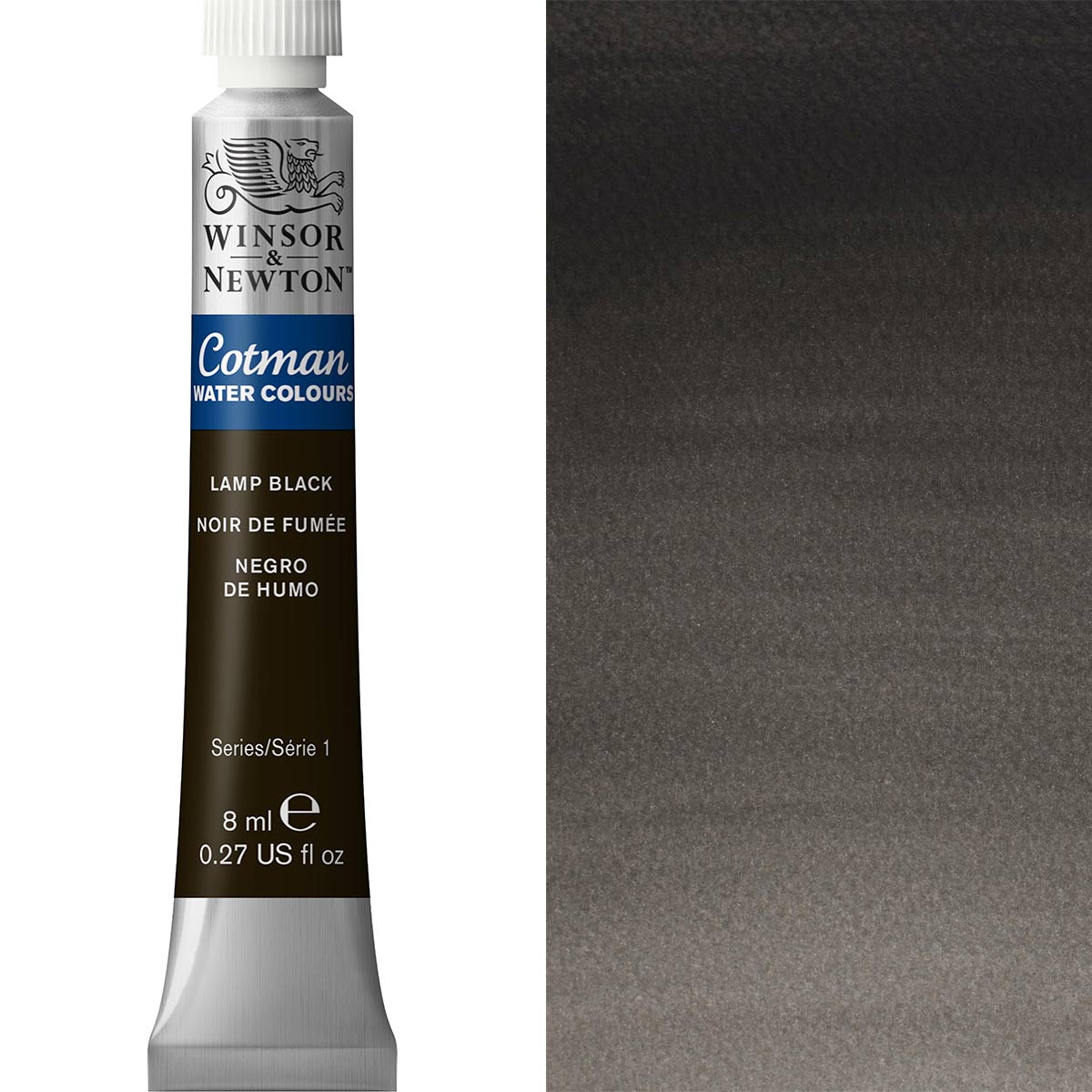 Winsor & Newton Cotman Watercolour Paint 8ml Lamp Black tube with color swatch, ideal for artists and hobbyists.