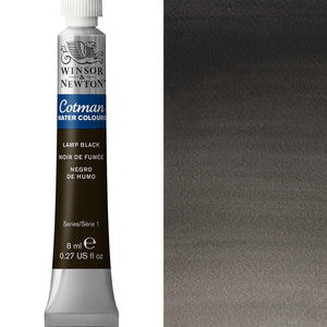Winsor & Newton Cotman Watercolour Paint 8ml Lamp Black tube with color swatch, ideal for artists and hobbyists.