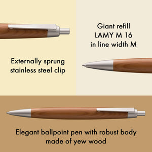 LAMY 2000 Ballpoint Pen - Taxus showcasing yew wood body, stainless steel clip, and LAMY M 16 refill.