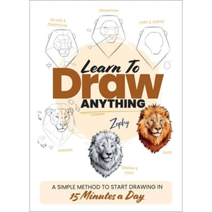 Cover of Learn to Draw Anything – Step-by-Step Drawing Book by Zephy featuring lion sketches and drawing techniques.