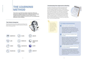 Learn to Draw Anything – Step-by-Step Drawing Book by Zephy inside page showcasing drawing categories and techniques.