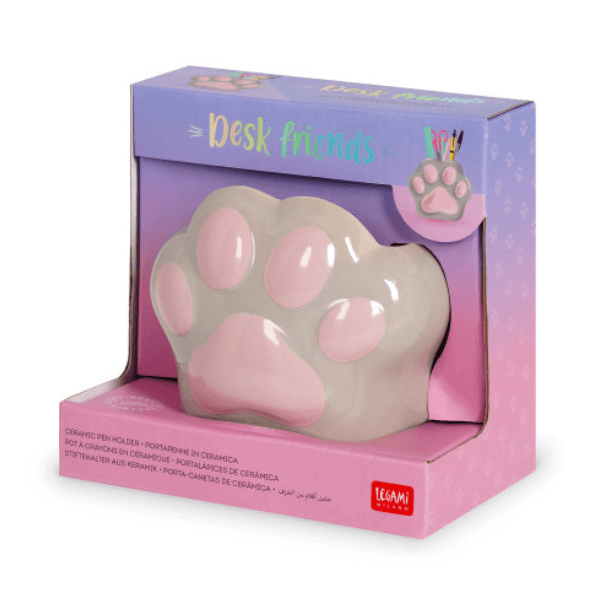 Legami Ceramic Pen Holder – Desk Friends Kitty in paw shape, shown in packaging