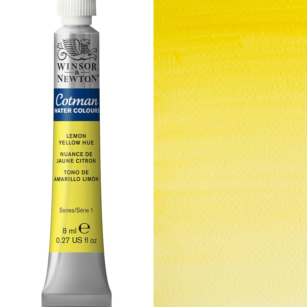 Winsor & Newton Cotman Watercolour paint tube in Lemon Yellow Hue, 8ml, offering transparent paint for artists.