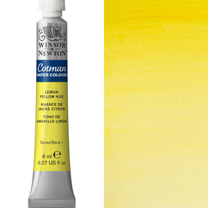 Winsor & Newton Cotman Watercolour paint tube in Lemon Yellow Hue, 8ml, offering transparent paint for artists.