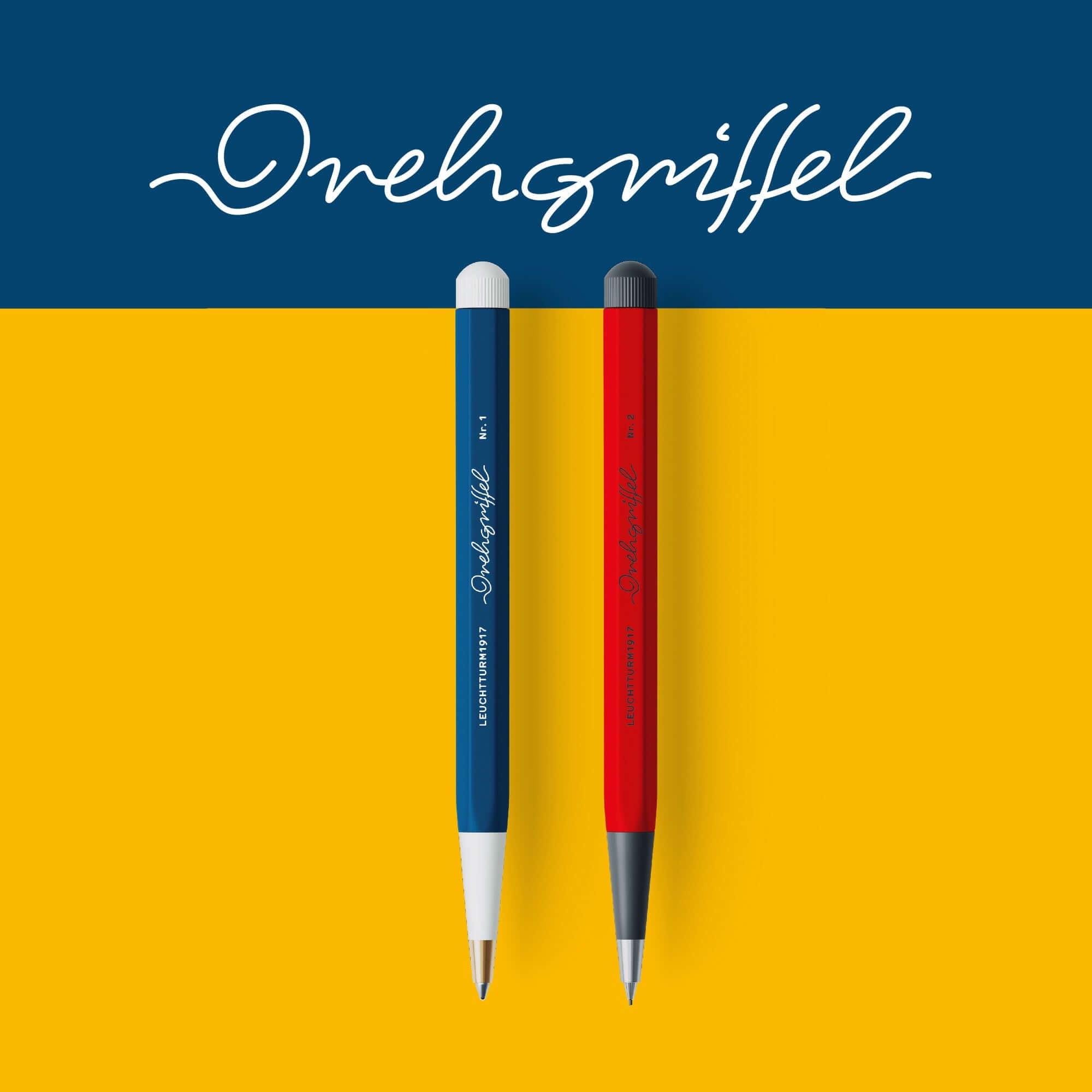 Leuchtturm1917 Drehgriffel Collection – 2026 Colours in Indigo and Cherry, featuring elegant twist stylus design on yellow background