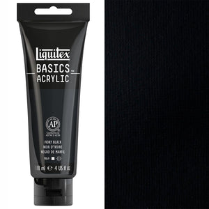 Liquitex Basics 118 ml acrylic paint tube in Ivory Black with satin finish shown on a black background.