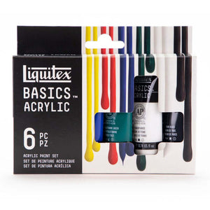 Liquitex Basics Acrylic Paint Set, 6 x 22 ml tubes, featuring primary colors, black, and white, ideal for artists and students.