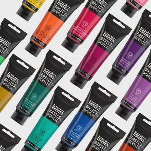 Liquitex Basics Metallic Acrylic Paint 118 ml tubes in vibrant colors, perfect for highlights, accents, and mixed media art.