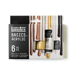 Liquitex Basics Metallic & Iridescent Acrylic Set with 6 tubes of shimmering paint for adding sparkle and accents to artwork.
