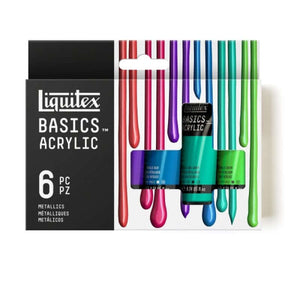 Liquitex Basics Acrylic Metallics Set packaging with 6 tubes of shimmering colors for art projects, includes medium-viscosity acrylics.