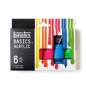 Liquitex Basics Fluorescent Acrylic Set with six 22 ml tubes in vibrant colors, ideal for posters and mixed media art.