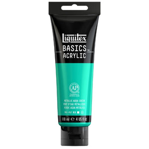 Liquitex Basics Metallic Acrylic Paint 118ml tube in aqua green, ideal for vibrant shimmer effects and mixed media art.