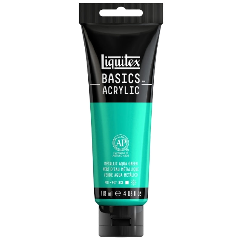 Liquitex Basics Metallic Acrylic Paint 118ml tube in aqua green, ideal for vibrant shimmer effects and mixed media art.