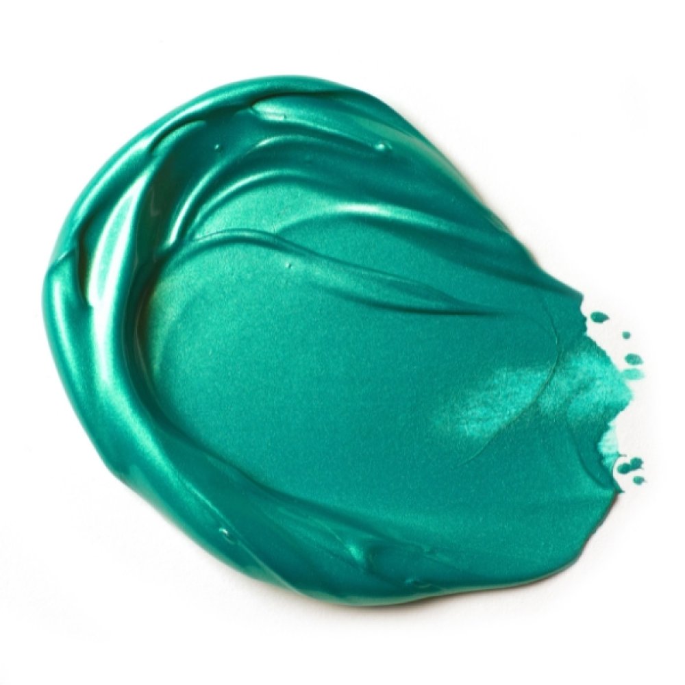 Swatch of teal metallic acrylic paint from Liquitex Basics, 118 ml tube, showing vibrant shimmer and smooth texture.