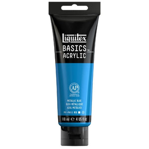 Liquitex Basics Metallic Blue Acrylic Paint 118 ml tube with artist-quality pigments and satin finish.
