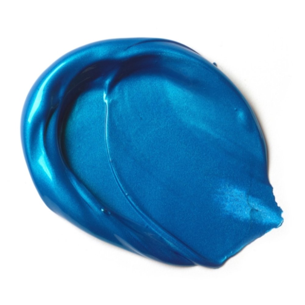 Liquitex Basics Metallic Acrylic Paint in vibrant blue swatch, showing its shimmer and smooth, medium-viscosity formula.