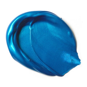 Liquitex Basics Metallic Acrylic Paint in vibrant blue swatch, showing its shimmer and smooth, medium-viscosity formula.